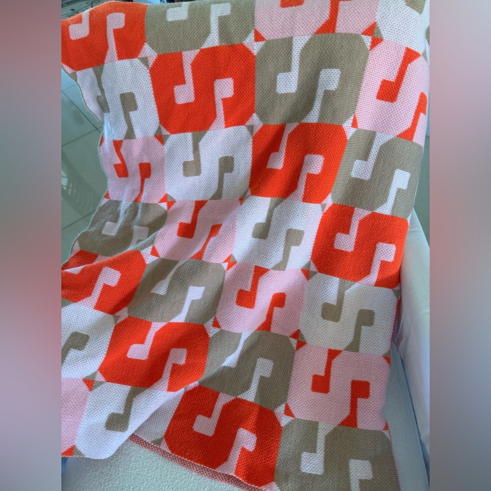 BaubleBar Pink, Orange and Gray Geometric 100% Acrylic 60” X 40” Letter S Throw